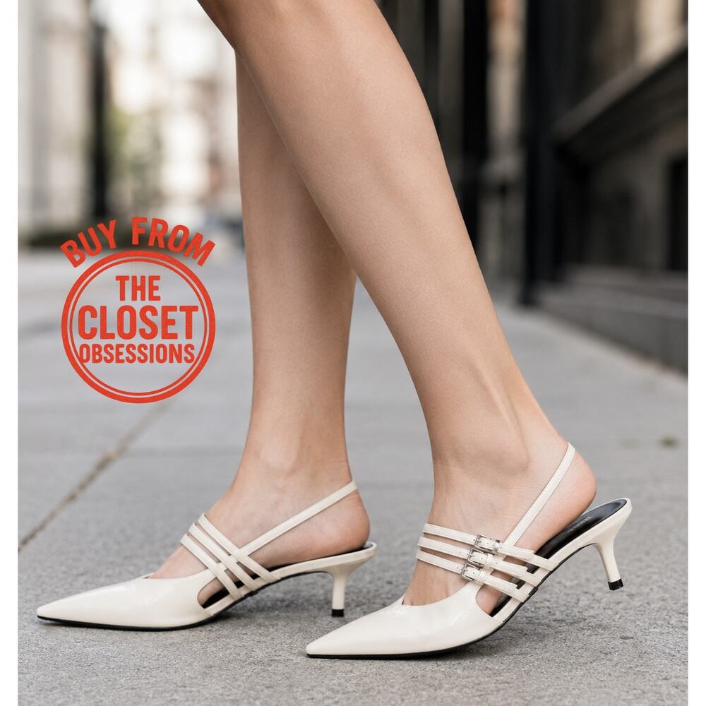 ZARA White Slingback Kitten Heels NWT Pointed Toe Buckle Strap Pumps Size 8 - Picture 1 of 16